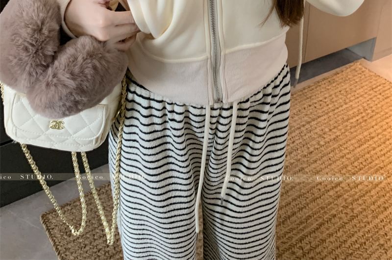 Plain Zip-Up Crop Hoodie / Drawstring Waist Striped Wide Leg Pants