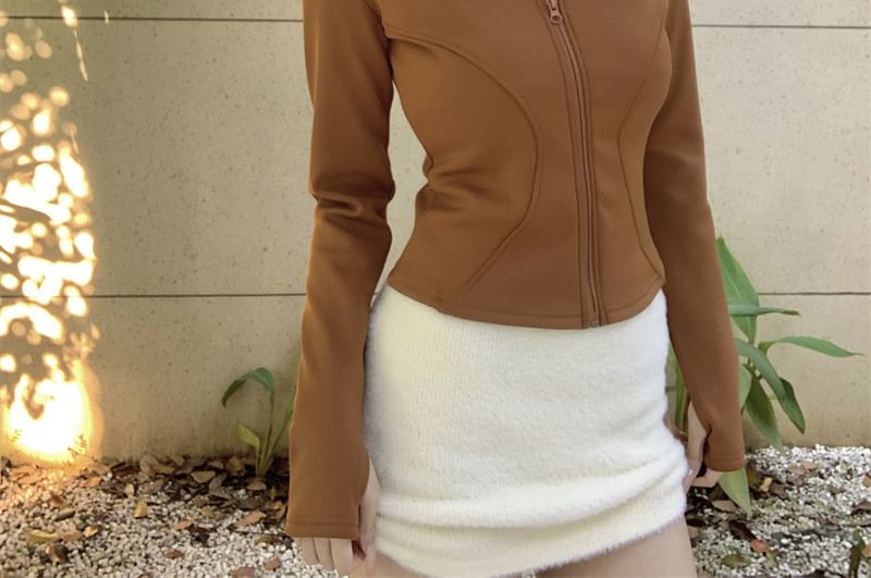 Stand Collar Plain Zip-Up Crop Jacket