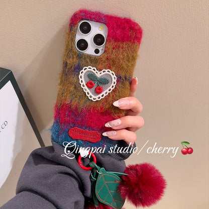 Heart Cherry Embroidered Chenille Phone Case / Charm / Set - iPhone 16 Pro Max / 16 Pro / 16 Plus / 16 / 15 Pro Max / 15 Pro / 15 Plus / 15 / 14 Pro Max / 14 Pro / 14 Plus / 14 / 13 Pro Max / 13 Pro / 13 / 13 Mini