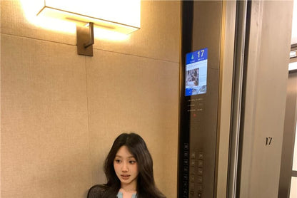 Set: Long-Sleeve Henley Plain Contrast Trim Ribbed Knit Top + High Rise Maxi Pencil Skirt