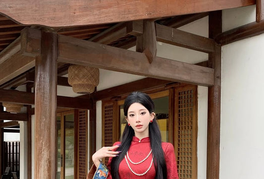 Long Sleeve Mandarin Collar Floral Print Maxi Qipao