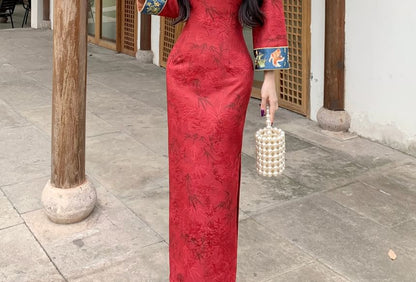 Long Sleeve Mandarin Collar Floral Print Maxi Qipao