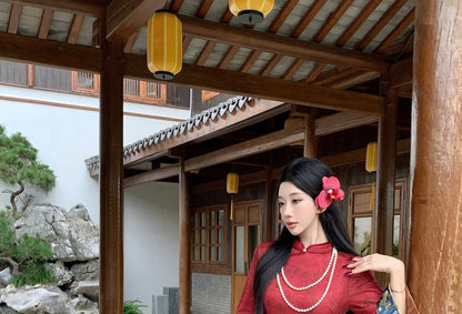 Long Sleeve Mandarin Collar Floral Print Maxi Qipao