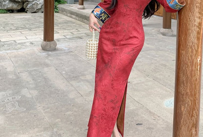 Long Sleeve Mandarin Collar Floral Print Maxi Qipao
