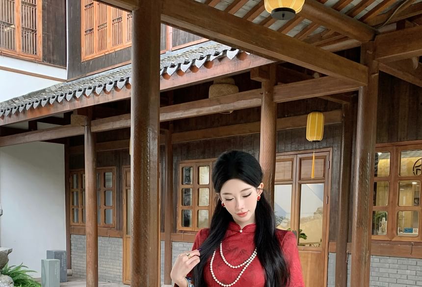 Long Sleeve Mandarin Collar Floral Print Maxi Qipao