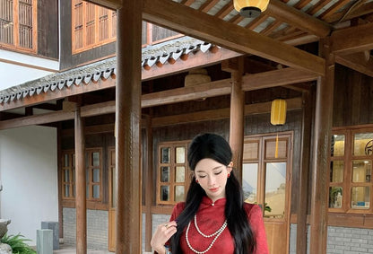 Long Sleeve Mandarin Collar Floral Print Maxi Qipao