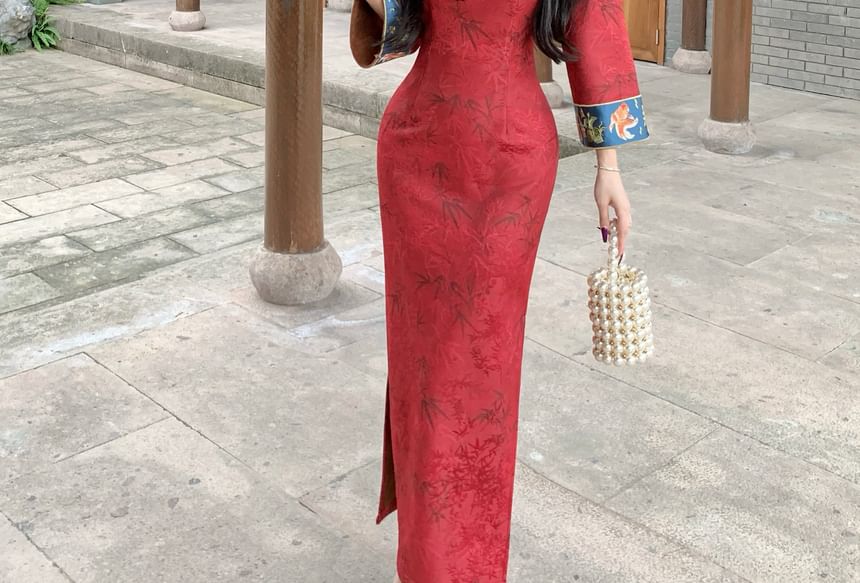Long Sleeve Mandarin Collar Floral Print Maxi Qipao