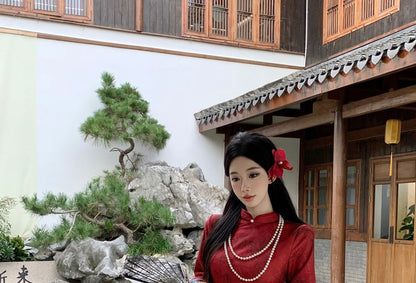 Long Sleeve Mandarin Collar Floral Print Maxi Qipao