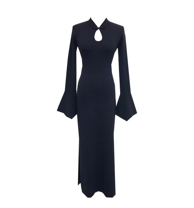 Long Sleeve Plain Keyhole Slit Maxi Qipao