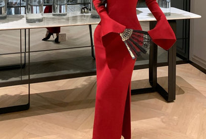Long Sleeve Plain Keyhole Slit Maxi Qipao