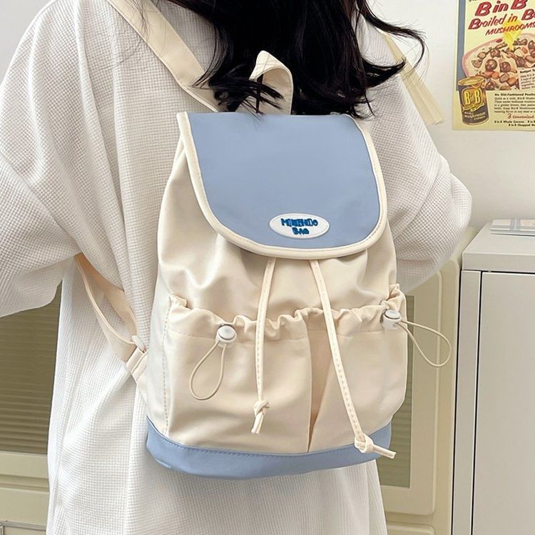 Flap Drawstring Panel Nylon Backpack