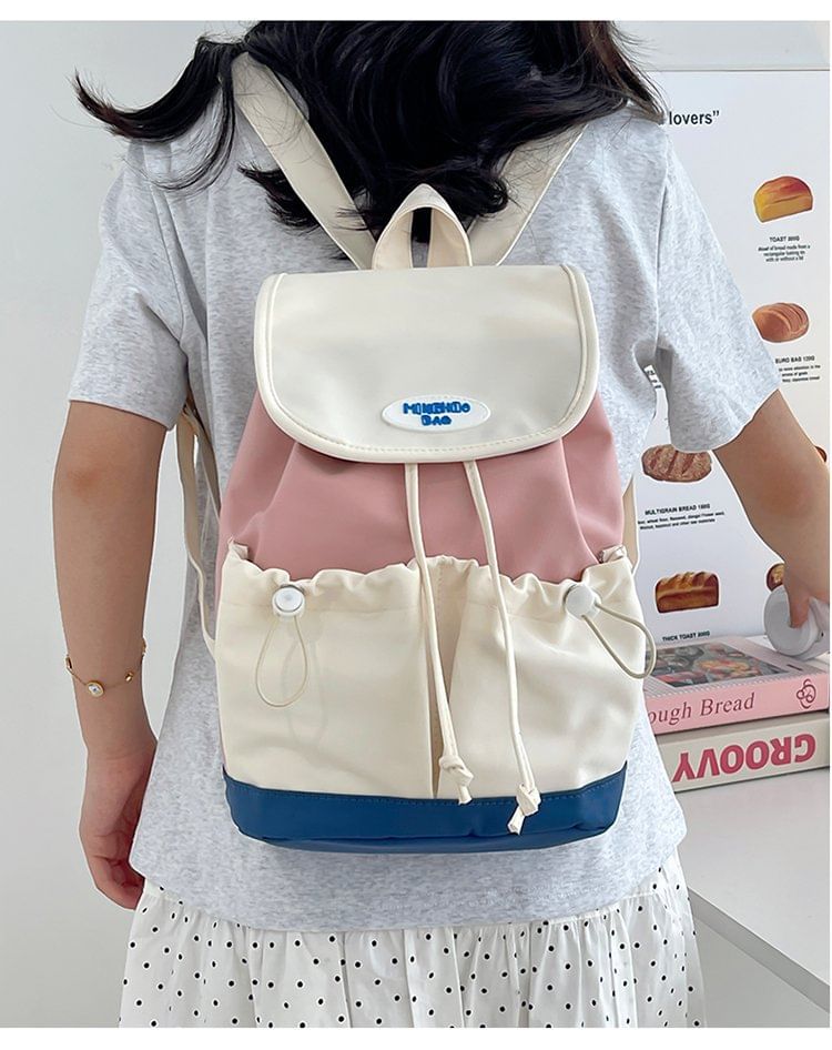 Flap Drawstring Panel Nylon Backpack