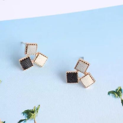 Square Faux Leather Alloy Stud Earring