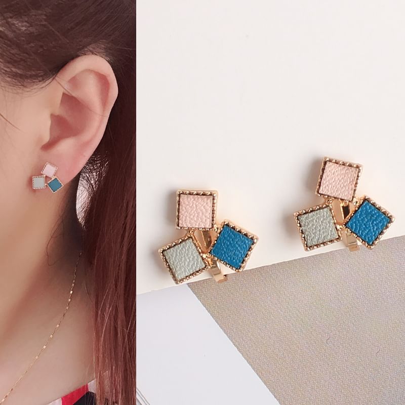 Square Faux Leather Alloy Stud Earring