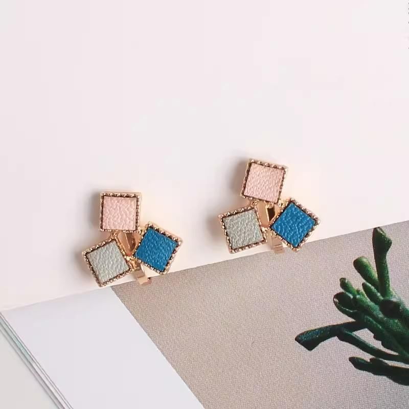 Square Faux Leather Alloy Stud Earring