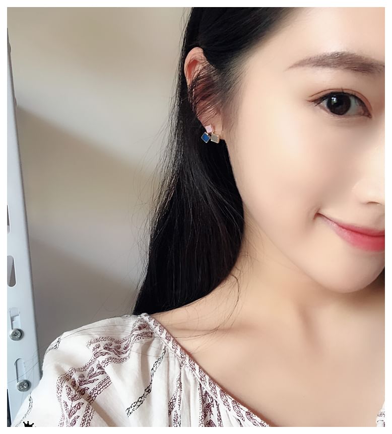 Square Faux Leather Alloy Stud Earring