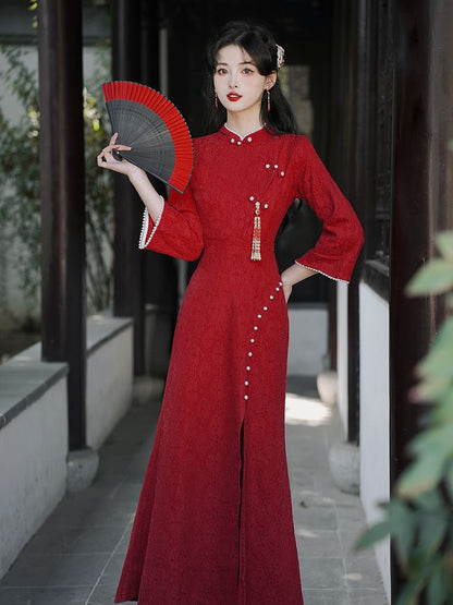 Long-Sleeve Jacquard Slit Midi Qipao