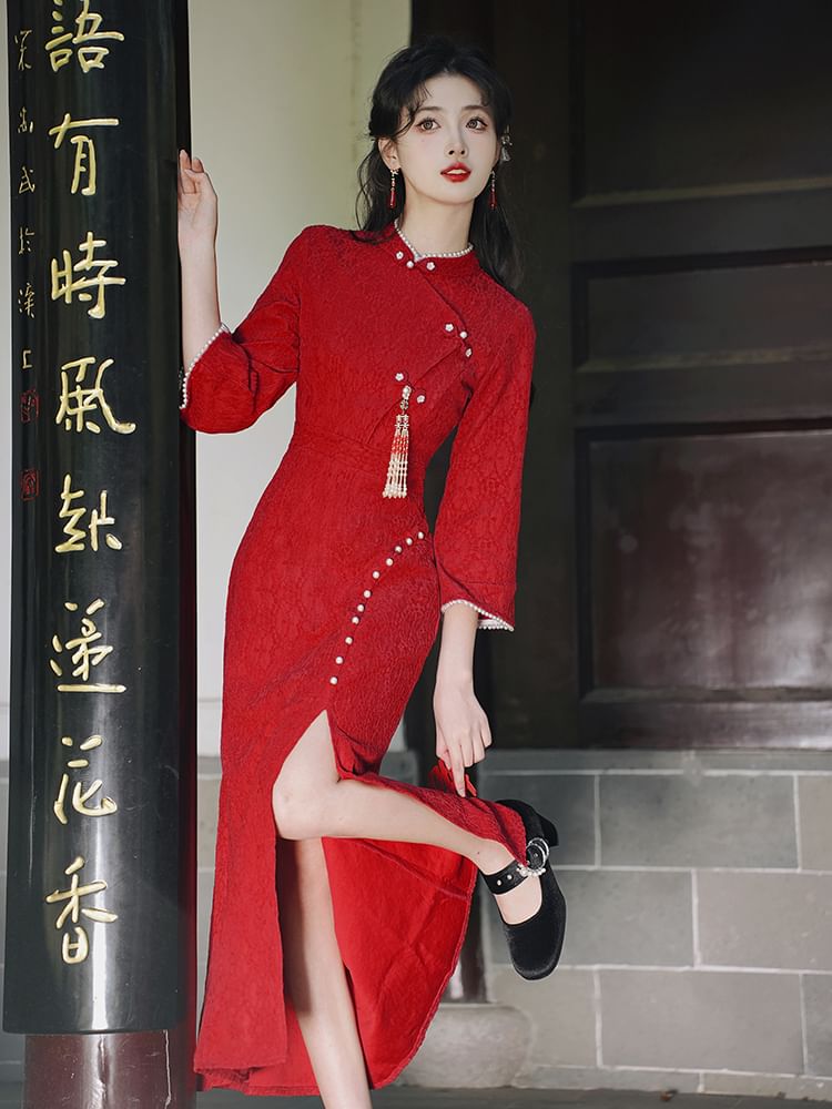 Long-Sleeve Jacquard Slit Midi Qipao