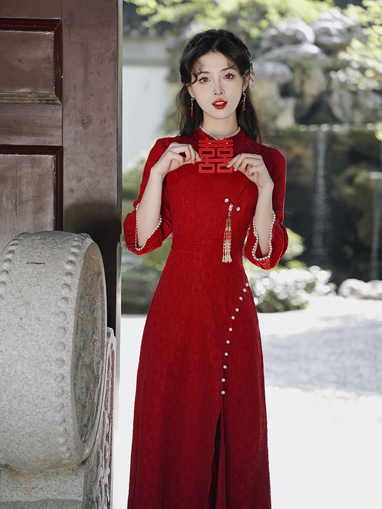 Long-Sleeve Jacquard Slit Midi Qipao