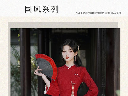 Long-Sleeve Jacquard Slit Midi Qipao