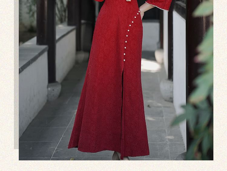 Long-Sleeve Jacquard Slit Midi Qipao