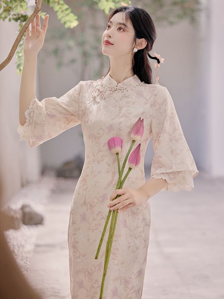 3/4-Sleeve Floral Faux Pearl Midi Qipao / Ribbed Long Frog Button Cardigan