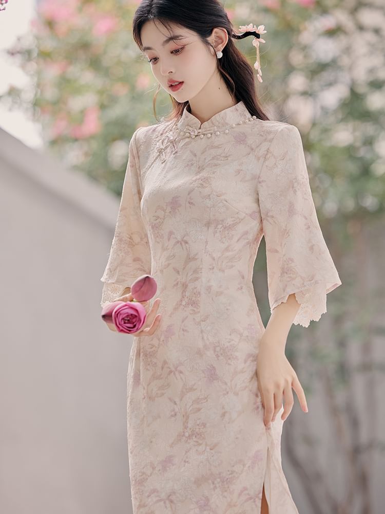 3/4-Sleeve Floral Faux Pearl Midi Qipao / Ribbed Long Frog Button Cardigan