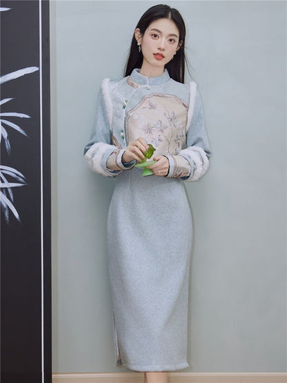 Mock Two-Piece Long-Sleeve Floral Fluffy Trim Midi Qipao