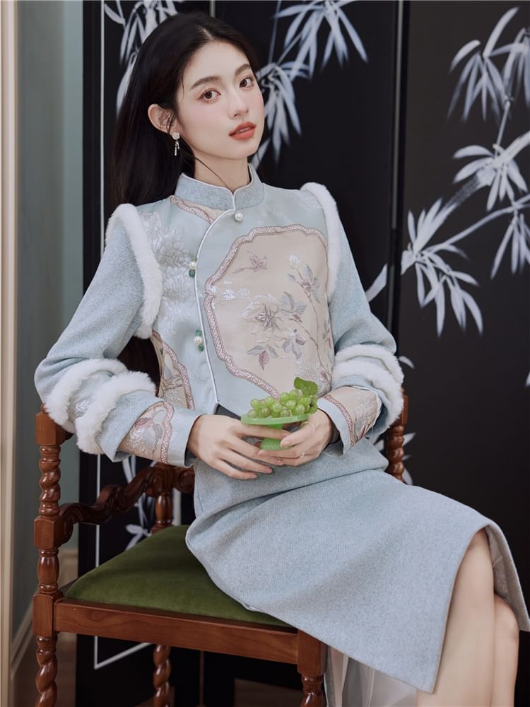 Mock Two-Piece Long-Sleeve Floral Fluffy Trim Midi Qipao