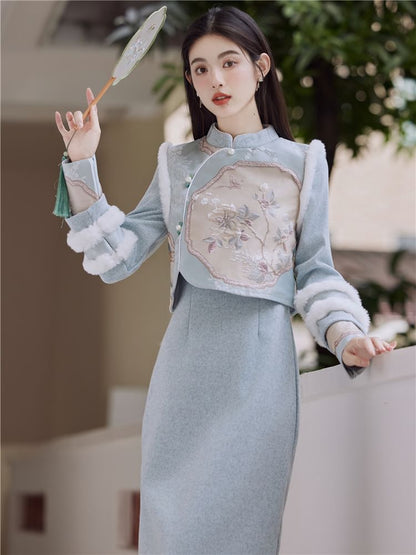 Mock Two-Piece Long-Sleeve Floral Fluffy Trim Midi Qipao
