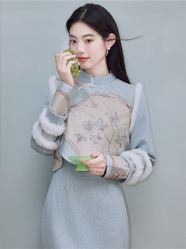 Mock Two-Piece Long-Sleeve Floral Fluffy Trim Midi Qipao
