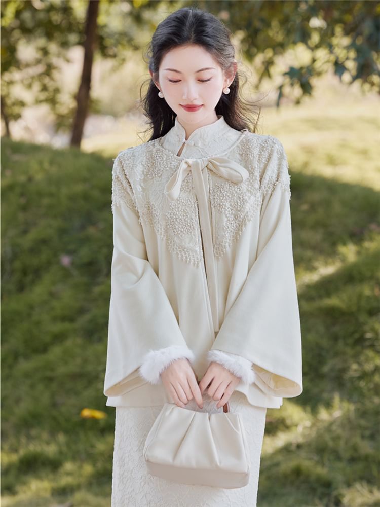 Long-Sleeve Fluffy Trim Midi Qipao / Tie Front Jacket