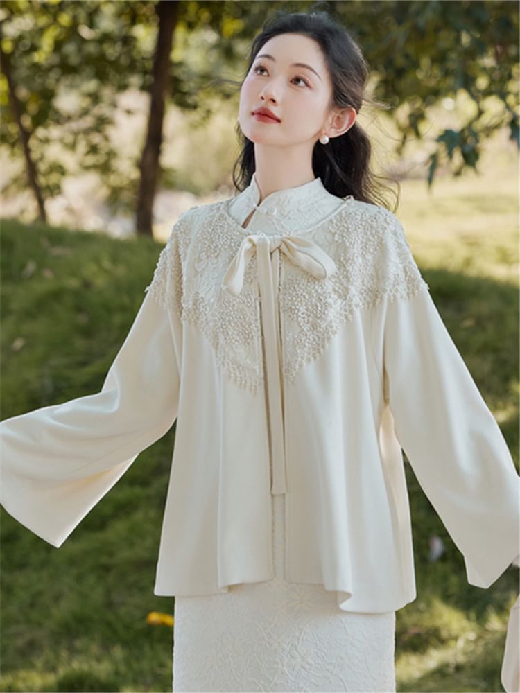 Long-Sleeve Fluffy Trim Midi Qipao / Tie Front Jacket