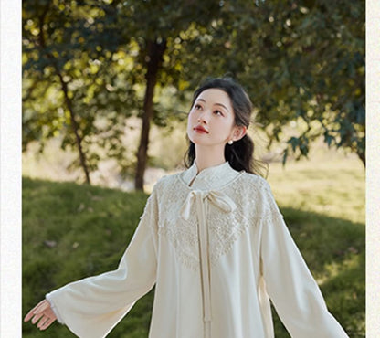 Long-Sleeve Fluffy Trim Midi Qipao / Tie Front Jacket