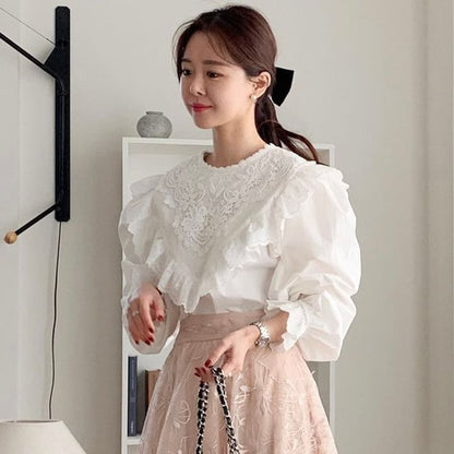 Long-Sleeve Lace Asymmetrical Plain Blouse