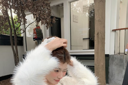 Crew Neck Faux Pearl Accent Fluffy Button-Up Crop Jacket