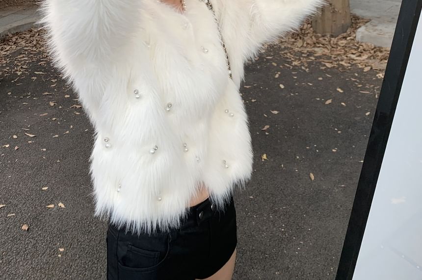 Crew Neck Faux Pearl Accent Fluffy Button-Up Crop Jacket