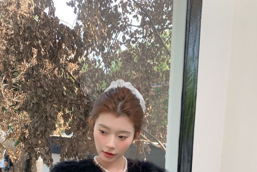 Crew Neck Faux Pearl Accent Fluffy Button-Up Crop Jacket