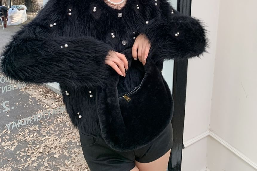 Crew Neck Faux Pearl Accent Fluffy Button-Up Crop Jacket