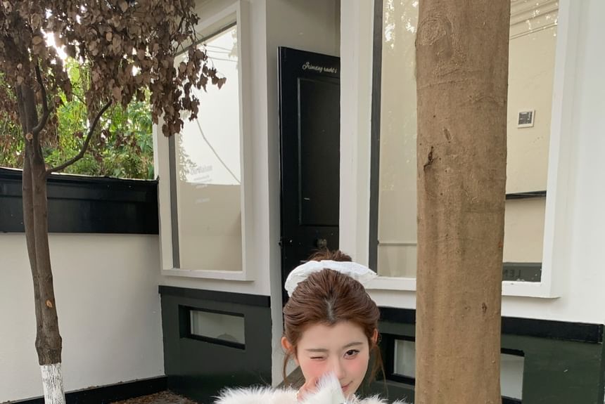 Crew Neck Faux Pearl Accent Fluffy Button-Up Crop Jacket