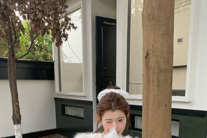 Crew Neck Faux Pearl Accent Fluffy Button-Up Crop Jacket