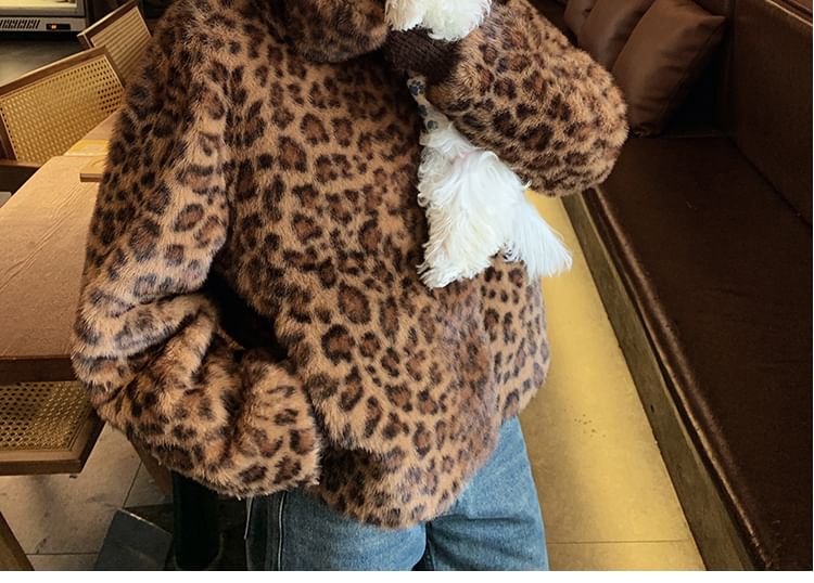 Stand Collar Leopard Print Fluffy Jacket
