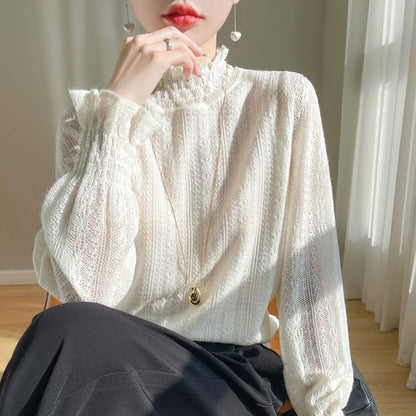 Stand Collar Frill Lace Top with Long Sleeves