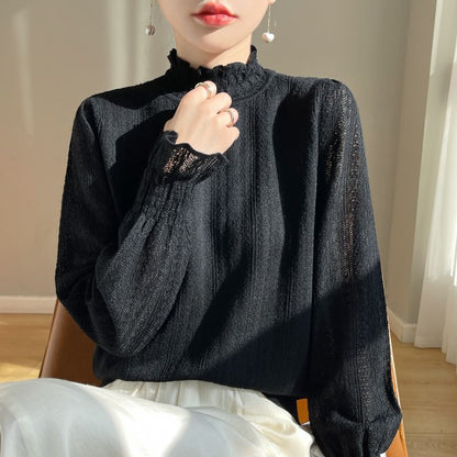 Stand Collar Frill Lace Top with Long Sleeves