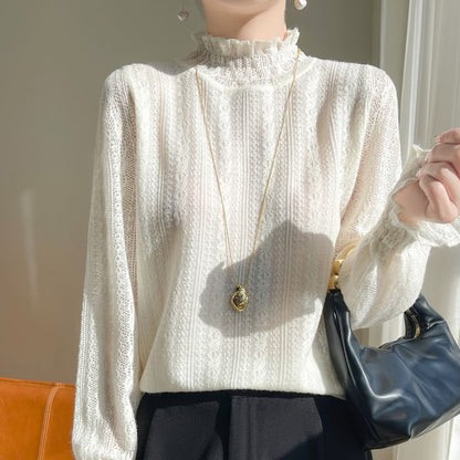 Stand Collar Frill Lace Top with Long Sleeves