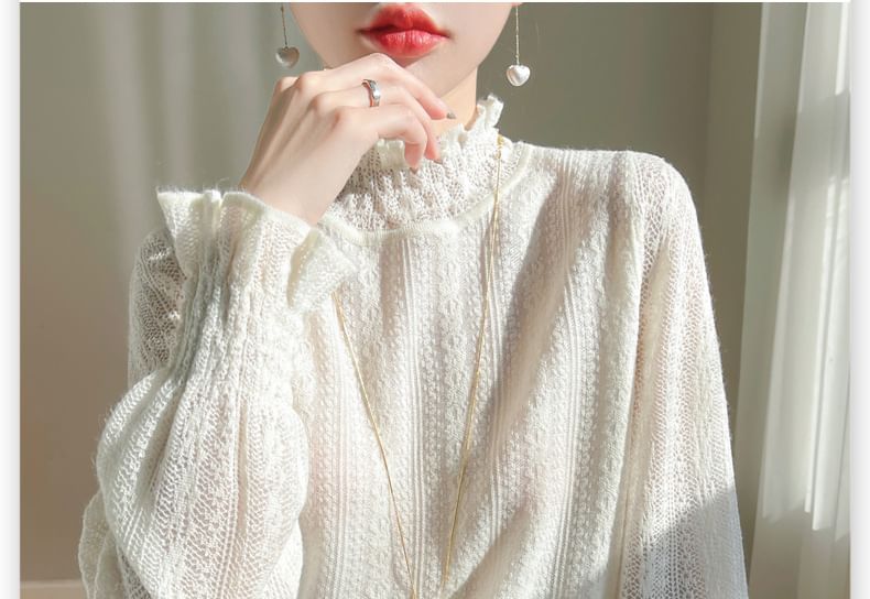 Stand Collar Frill Lace Top with Long Sleeves