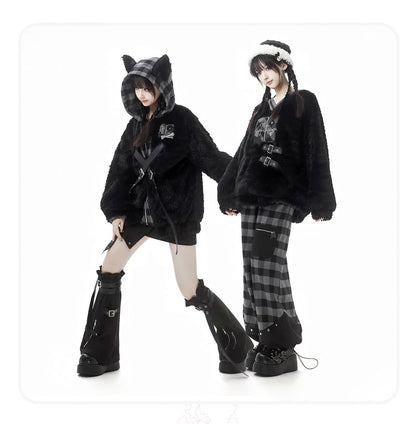 Plaid Numbering Applique Buckled Hood Panel Fluffy Zip Jacket