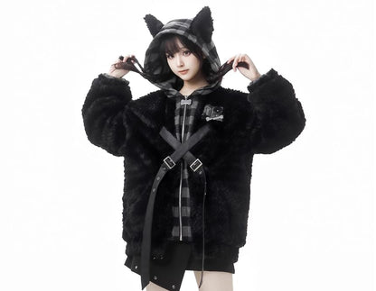 Plaid Numbering Applique Buckled Hood Panel Fluffy Zip Jacket