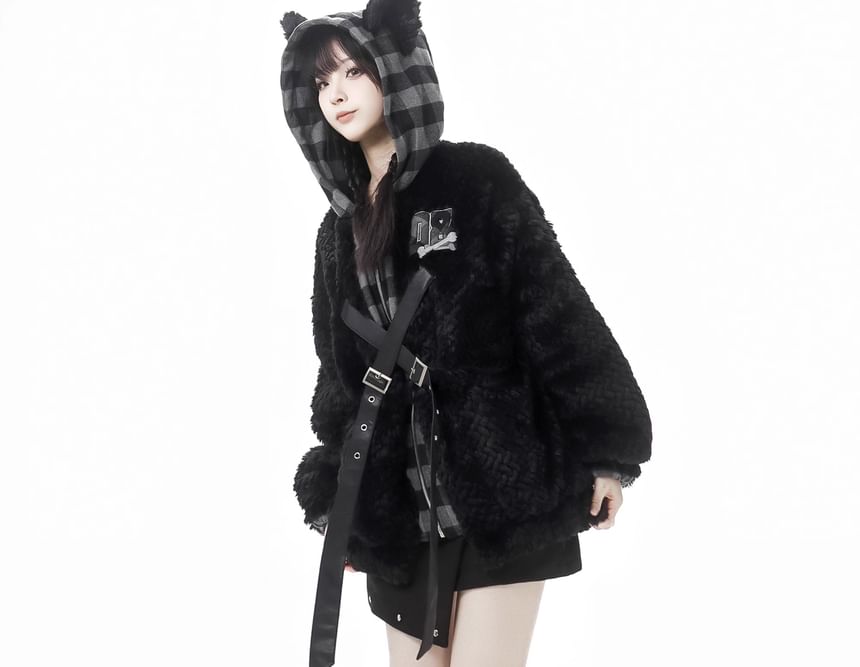 Plaid Numbering Applique Buckled Hood Panel Fluffy Zip Jacket