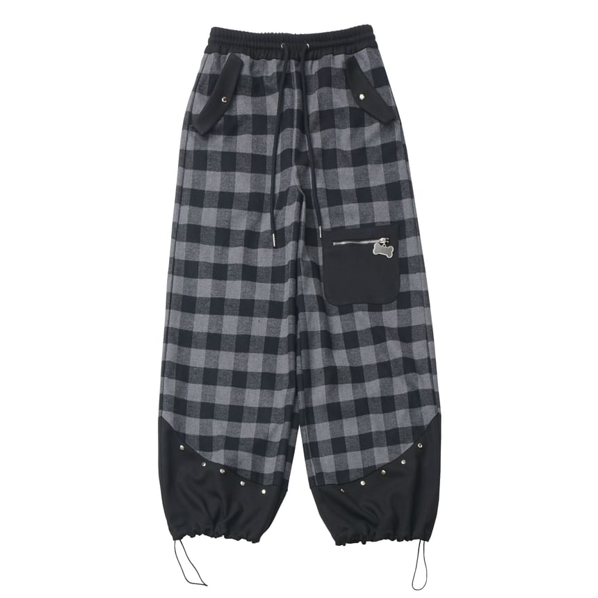 Drawstring Waist Plaid Panel Baggy Cargo Pants